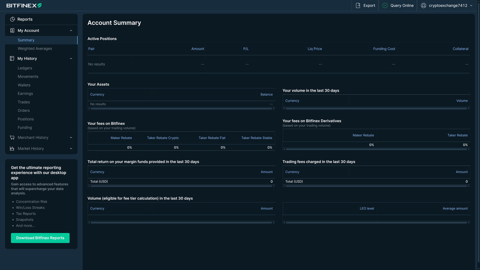 Bitfinex account summary